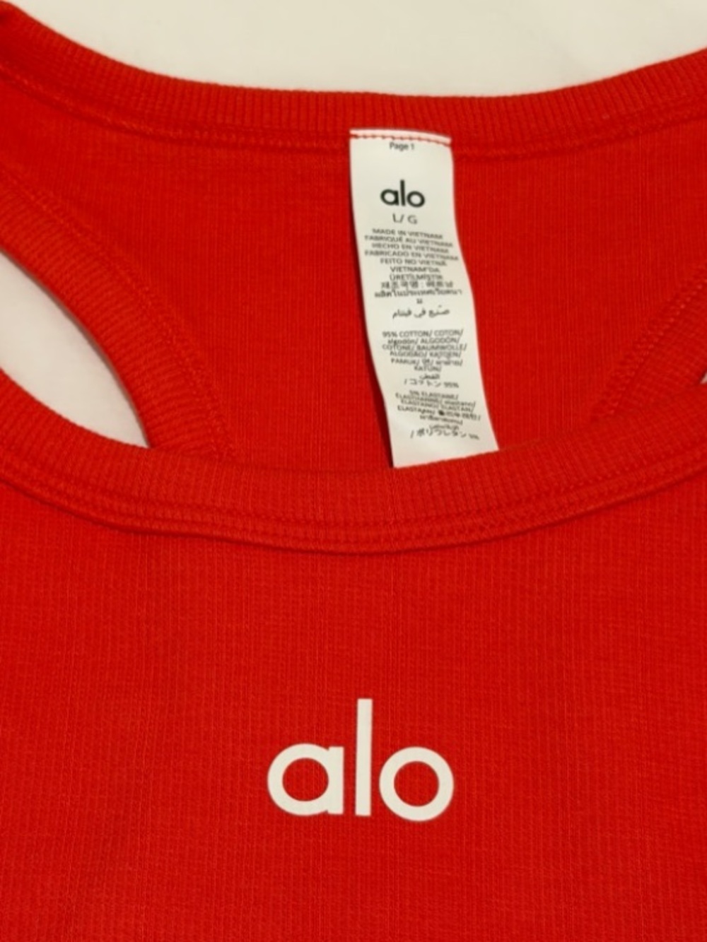 ALO Yoga Red Ribbed Racerback Crop Tank with White Logo - Picture 2 of 2
